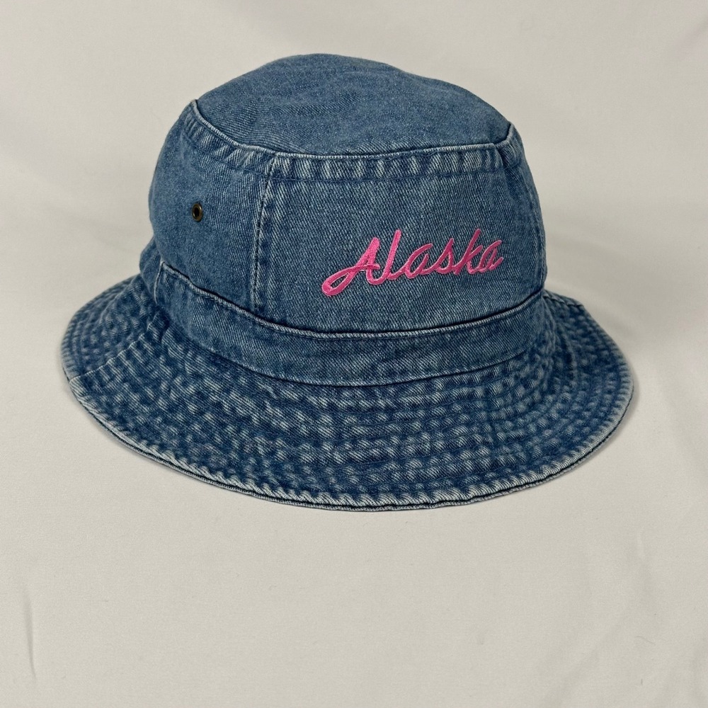Alaska Denim Bucket Hat Womens S/M Blue Pink Embroidered Cotton Fahrenheit